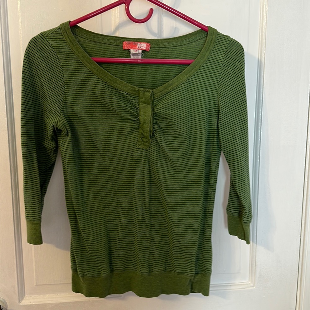 Green with blue stripe 3/4 sleeve Urban Outfitters scoop-neck shirt